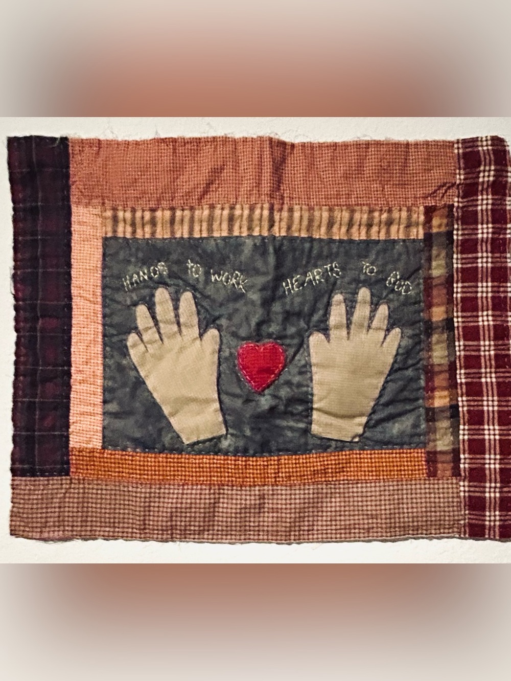 Vintage Handmade Folk Art Farmhouse Embroidered Quilt Square wall hanging